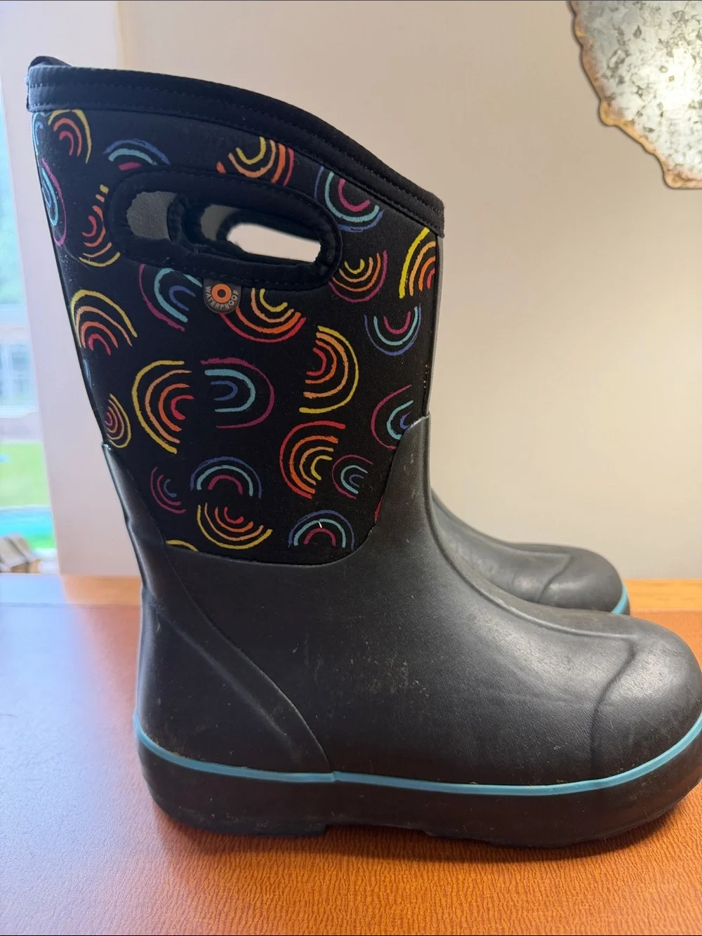 Bogs Black Rain Boots with Multicolor Rainbow Accents